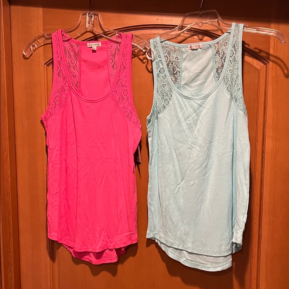 Lace-Trim Sleeveless Tanks - Pink and Aqua